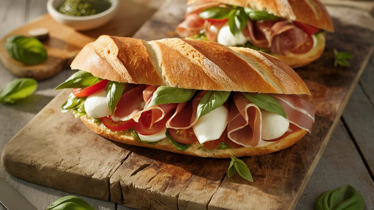 Homemade ciabatta sandwich with prosciutto, mozzarella, tomatoes, and basil on a wooden cutting board