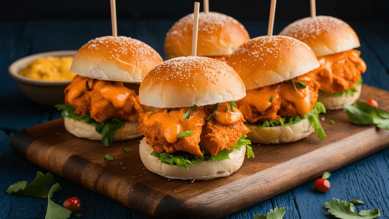 Buffalo Chicken Sliders served on a white plate, topped with shredded lettuce and pickles, alongside a side of crispy golden fries