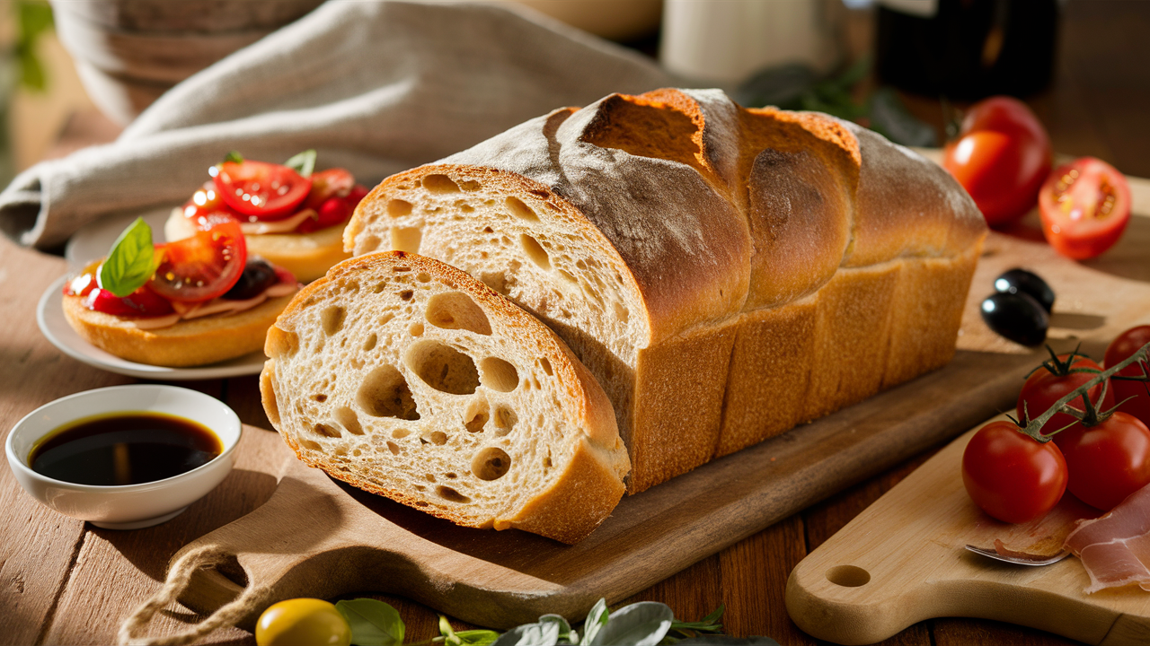 A rustic table featuring freshly baked ciabatta bread, olive oil, bruschetta with tomatoes, and Italian ingredients like olives and prosciutto