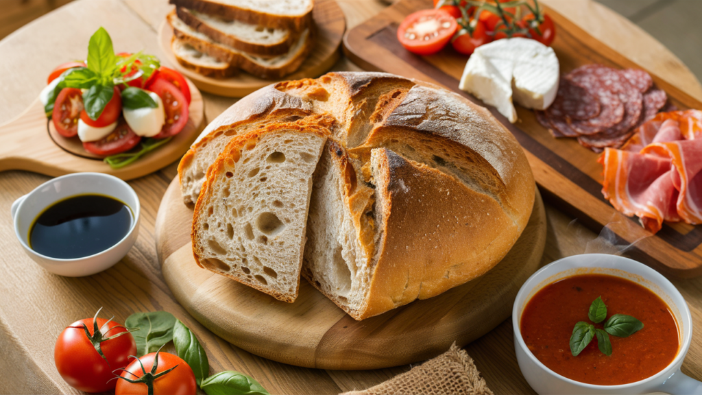 A table filled with Italian dishes including ciabatta bread, olive oil and balsamic vinegar, Caprese salad, charcuterie board, and tomato basil soup, set in a cozy, rustic setting